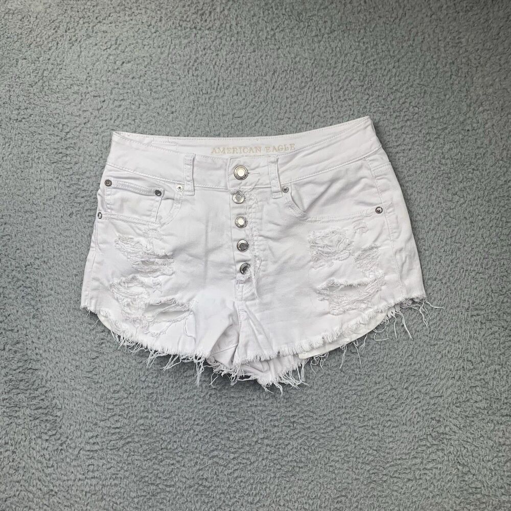 American Eagle Shorts Wlomens 8 White Distressed Jean Cut Offs Button Fly